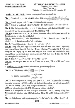 đề kscl đội dự tuyển lần 1 toán 9 năm 2024 – 2025 phòng gd&đt kỳ anh – hà tĩnh