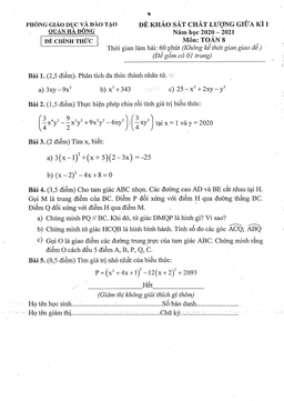 đề kscl giữa học kì 1 toán 8 năm 2020 – 2021 phòng gd&đt hà đông – hà nội