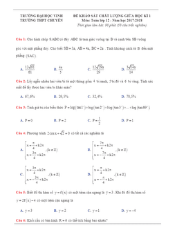 đề kscl giữa học kỳ 1 môn toán 12 năm học 2017 – 2018 trường thpt chuyên đại học vinh