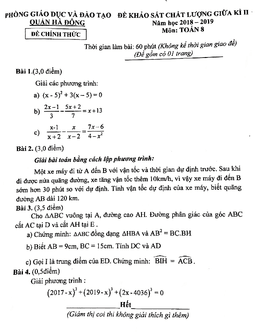 đề kscl giữa kì 2 toán 8 năm 2018 – 2019 phòng gd&đt hà đông – hà nội