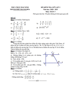 đề kscl giữa kỳ 1 toán 7 năm 2020 – 2021 trường thcs trần mai ninh – thanh hóa