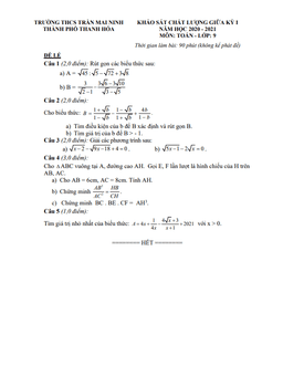 đề kscl giữa kỳ 1 toán 9 năm 2020 – 2021 trường thcs trần mai ninh – thanh hóa