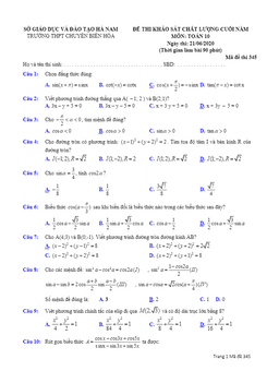 đề kscl toán 10 cuối năm học 2019 – 2020 trường chuyên biên hòa – hà nam