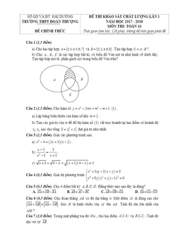 đề kscl toán 10 lần 1 năm học 2017 – 2018 trường thpt đoàn thượng – hải dương