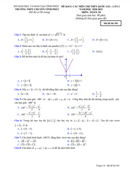 đề kscl toán 10 lần 2 năm 2020 – 2021 trường thpt chuyên vĩnh phúc