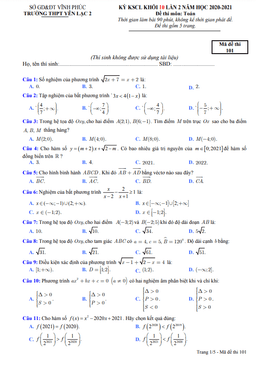 đề kscl toán 10 lần 2 năm 2020 – 2021 trường thpt yên lạc 2 – vĩnh phúc
