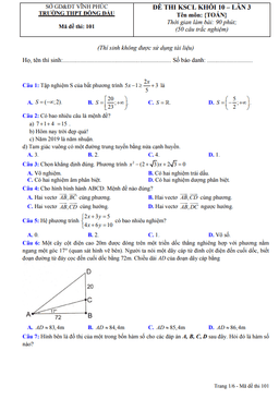 đề kscl toán 10 lần 3 năm 2020 – 2021 trường thpt đồng đậu – vĩnh phúc