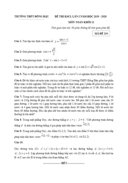 đề kscl toán 11 lần 1 năm 2019 – 2020 trường thpt đồng đậu – vĩnh phúc