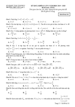đề kscl toán 11 lần 2 năm 2019 – 2020 trường thpt yên lạc 2 – vĩnh phúc