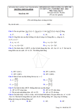 đề kscl toán 11 thi tn thpt 2024 lần 1 trường thpt ba đình – thanh hóa
