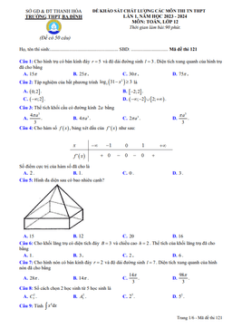 đề kscl toán 12 thi tn thpt 2024 lần 1 trường thpt ba đình – thanh hóa