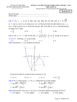 đề kscl toán 12 thi tốt nghiệp thpt 2022 lần 1 trường thpt chuyên vĩnh phúc