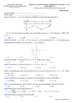 đề kscl toán 12 thi tốt nghiệp thpt 2022 lần 2 trường thpt chuyên vĩnh phúc