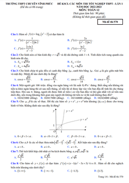đề kscl toán 12 thi tốt nghiệp thpt 2023 lần 1 trường thpt chuyên vĩnh phúc
