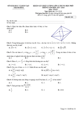đề kscl toán 12 thpt năm học 2017 – 2018 sở gd và đt thanh hóa