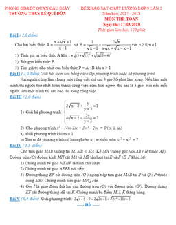đề kscl toán 9 năm 2017 – 2018 trường thcs lê quý đôn – hà nội lần 2