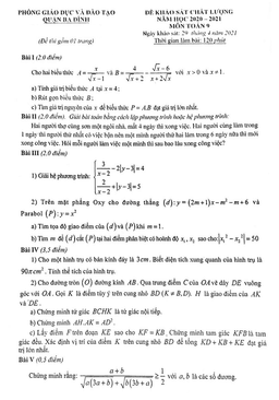 đề kscl toán 9 năm 2020 – 2021 phòng gd&đt ba đình – hà nội