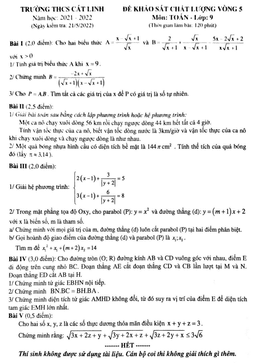 đề kscl vòng 5 toán 9 năm 2021 – 2022 trường thcs cát linh – hà nội
