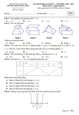 đề minh họa cuối kỳ 1 toán 12 năm 2022 – 2023 trường thpt hướng hóa – quảng trị