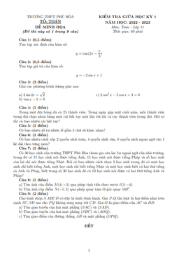 đề minh họa giữa kỳ 1 toán 11 năm 2022 – 2023 trường thpt phú hòa – tp hcm