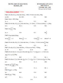 đề minh họa giữa kỳ 2 toán 11 năm 2021 – 2022 trường thpt bảo thắng 2 – lào cai
