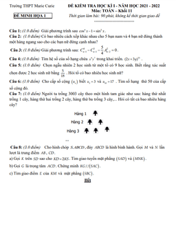 đề minh họa học kì 1 toán 11 năm 2021 – 2022 trường thpt marie curie – tp hcm