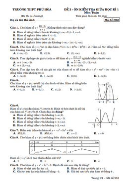đề ôn tập giữa kì 1 toán 12 năm 2022 – 2023 trường thpt phú hòa – tp hcm