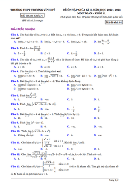 đề ôn tập giữa kì 2 toán 11 năm 2022 – 2023 trường thpt trương vĩnh ký – bến tre