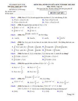 đề ôn tập giữa kì 2 toán 12 năm 2022 – 2023 trường thpt duy tân – kon tum