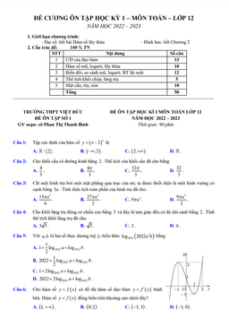 đề ôn tập học kì 1 toán 12 năm 2022 – 2023 trường thpt việt đức – hà nội