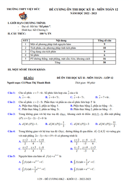 đề ôn tập học kì 2 toán 12 năm 2022 – 2023 trường thpt việt đức – hà nội