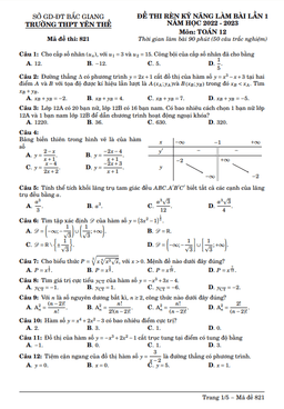 đề rèn kỹ năng làm bài toán 12 lần 1 năm 2022 – 2023 thpt yên thế – bắc giang