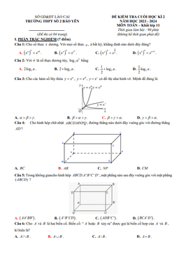 đề tham khảo cuối kì 2 toán 11 knttvcs năm 2023 – 2024 thpt bảo yên 2 – lào cai