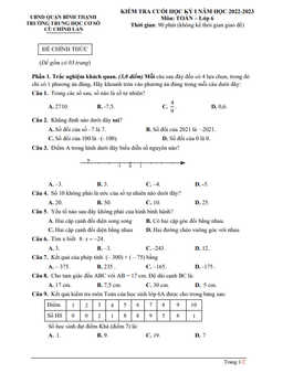 đề tham khảo cuối kỳ 1 toán 6 năm 2022 – 2023 trường thcs cù chính lan – tp hcm