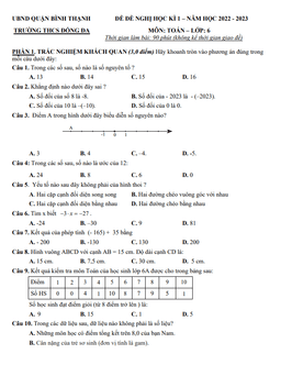 đề tham khảo cuối kỳ 1 toán 6 năm 2022 – 2023 trường thcs đống đa – tp hcm