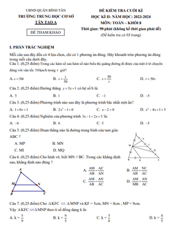 đề tham khảo cuối kỳ 2 toán 8 năm 2023 – 2024 phòng gd&đt bình tân – tp hcm