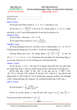 đề tham khảo đánh giá tuyển sinh đại học công an nhân dân năm 2024 môn toán