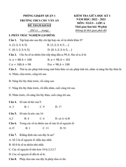 đề tham khảo giữa học kỳ 1 toán 6 năm 2022 – 2023 trường thcs chu văn an – tp hcm