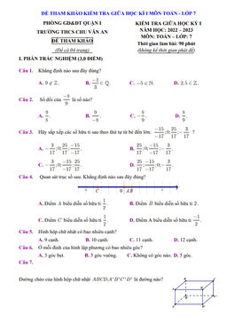 đề tham khảo giữa học kỳ 1 toán 7 năm 2022 – 2023 trường thcs chu văn an – tp hcm
