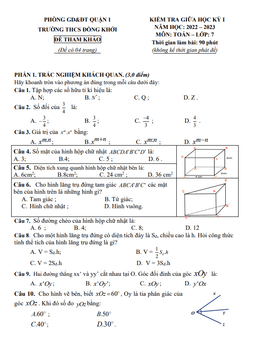 đề tham khảo giữa học kỳ 1 toán 7 năm 2022 – 2023 trường thcs đồng khởi – tp hcm