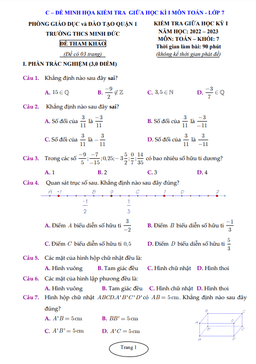 đề tham khảo giữa học kỳ 1 toán 7 năm 2022 – 2023 trường thcs minh đức – tp hcm