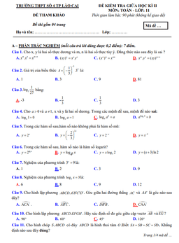 đề tham khảo giữa kì 2 toán 11 ctst năm 2023 – 2024 trường thpt số 4 tp lào cai