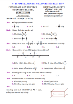 đề tham khảo giữa kỳ 1 toán 7 năm 2022 – 2023 trường thcs thanh đa – tp hcm