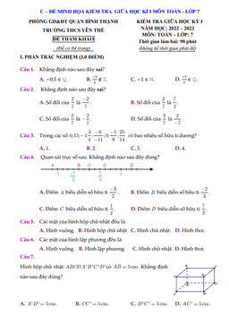đề tham khảo giữa kỳ 1 toán 7 năm 2022 – 2023 trường thcs yên thế – tp hcm