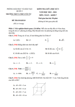 đề tham khảo giữa kỳ 1 toán 7 năm 2023 – 2024 trường tih – thcs tây úc – tp hcm