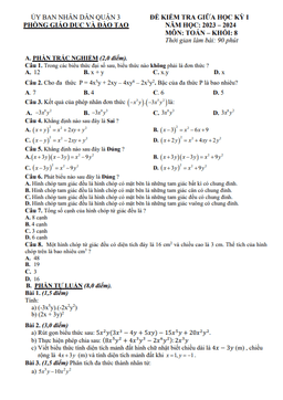 đề tham khảo giữa kỳ 1 toán 8 năm 2023 – 2024 trường thcs hai bà trưng – tp hcm
