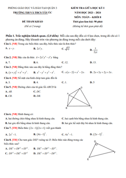 đề tham khảo giữa kỳ 1 toán 8 năm 2023 – 2024 trường tih – thcs tây úc – tp hcm