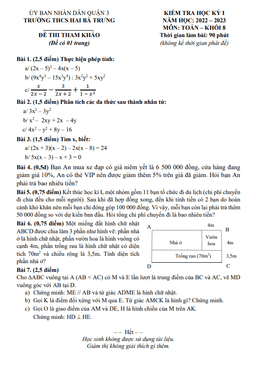 đề tham khảo học kì 1 toán 8 năm 2022 – 2023 trường thcs hai bà trưng – tp hcm