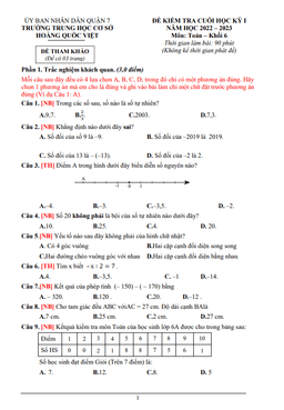 đề tham khảo học kỳ 1 toán 6 năm 2022 – 2023 trường thcs hoàng quốc việt – tp hcm