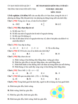 đề tham khảo học kỳ 1 toán 6 năm 2022 – 2023 trường thcs nguyễn hữu thọ – tp hcm